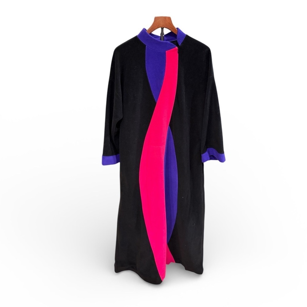 Vtg 80s Vanity Fair Black Purple Pink Mod Colorblock Maxi Robe Dress Housecoat M